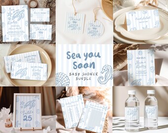 Hand Drawn Doodle All Sea You Soon Baby shower Bundle, Dusty Blue Stripes Baby Shower Bundle, Canva Editable Coastal Baby Shower Bundle C220