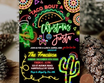 Neon Taco Bout Christmas Fiesta Holiday Party, Santa Cactus Mexican Merry Christmas Party, Glow Tacos and Tequila Fiesta Holiday Party WZ17