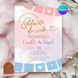 May include: A gender reveal invitation with a watercolor background in pink and blue. The invitation includes text in gold glitter font and features decorative banners with hearts and cacti. The event details include the names Camille & Russel, the date, and time.