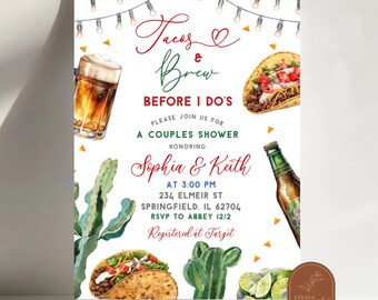 May include: A white invitation with a red and green cactus design. The text reads "Tacos & Brew Before I Do's" and includes details for a couples shower honoring Sophia & Keith. The invitation also includes a registration information for Target.