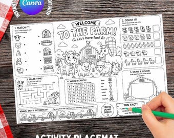 Farm Animal irthday Party Placemat, Printable Farm Birthday Coloring Page, Barnyard Coloring Placemat, Personalized Coloring Placemat