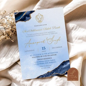 Invitation de chemin d'agate marine Sri Sukhmani Sahib, 18e anniversaire Sukhmani Sahib Invitation, cérémonie Sukhmani Punjabi, Shabat Kirtan inviter C71