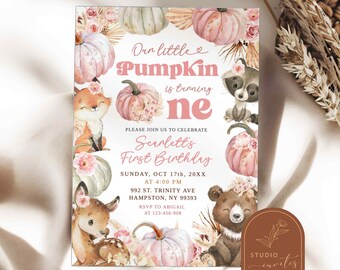 Woodland Boho Pumpkin Girl Birthday Invitation, Woodland Forest Animal 1st Birthday Party, Pink Pumpkin 1st Birthday Girl Fall Invite C62