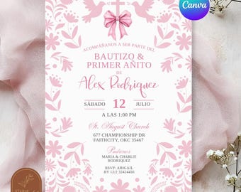 Pink Coquette Bow Talavera Cielito Lindo Baptism Invitation, Papel Picado 1st Birthday Invite, Canva Spanish Bautizo y Primer Anito C188