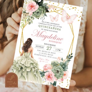 Sage Green and Pink Floral Princess Quinceañera Invitation, Geometric Gold Mexican Birthday Girl, Butterfly Mis Quince Anos XV Invite A6