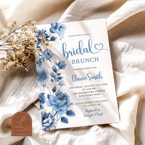 Modern chinoiserie bridal shower invitation, dusty blue vintage floral bridal shower, toile de jouy blue victorian bridal shower invite C12