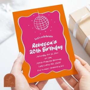 Pink and Orange Disco Ball Any Age Girl Birthday Party Invitation, Retro and Groovy Women Disco Ball Birthday Party Invitation C56