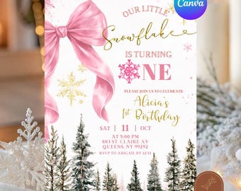 Blush Pink Whimsical Bow Little Snowflake Birthday Invitation, Christmas Kids Birthday, Christmas Birthday Editable Canva Template C258