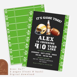 May include: A black and green football-themed invitation with the text "It's Game Time!" and "Alex is crossing the 410 yard line". The invitation includes a football helmet, a football, and a bottle of beer.