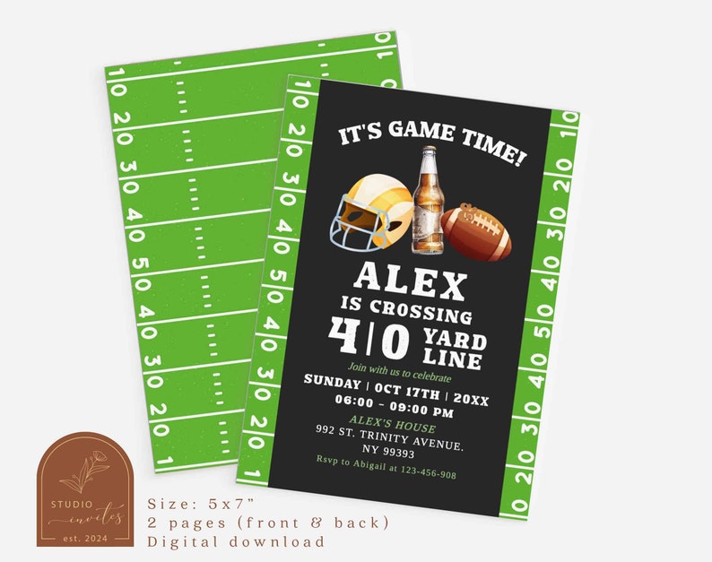 May include: A black and green football-themed invitation with the text "It's Game Time!" and "Alex is crossing the 410 yard line". The invitation includes a football helmet, a football, and a bottle of beer.