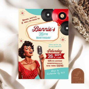 Red Polkadot 50s Pin Up Girl Birthday Party Invitation, 1950s Vintage Adult Birthday Theme, Fifties Vinly Music Adult Birthday Invitation R1