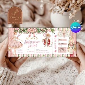 Könnte beinhalten: Eine rechteckige Eintrittskarte für das Nussknacker-Ballett mit einer Ballerina in einem rosa Kleid, einem Mäusekönig und einem Nussknacker-Soldaten. Der Text lautet You're going to Nutcracker Ballet, Admit One, To Mazie, From Aunt Nicole und Merry Christmas have fun, mit Feldern für Datum, Uhrzeit und Adresse.