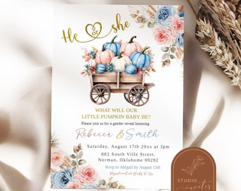 Blue and Pink Floral Pumpkin Gender Reveal Invitation, He or She Our Little Pumpkin Baby Be, Fall Boho Pampas Grass Gender Reveal C54