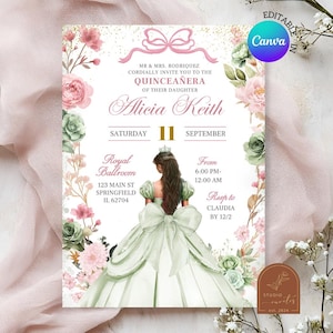 Pink and Sage Green Coquette Bow Princess Quinceanera Invitation, Floral Roses Mis Quince Anos Invite, Canva Editable Sweet 16th Invite A18