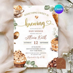 Convite para chá de bebê com tema "Algo doce está sendo preparado", convite para chá de bebê com tema de café, convite para chá de bebê com folhagem de eucalipto C19