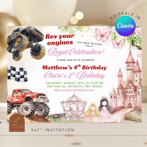 Monster Truck and Princess Kingdom Joint Birthday Invitation, Boy and Girl Double Invitation, Canva Editable Twins Birthday Invitation C132