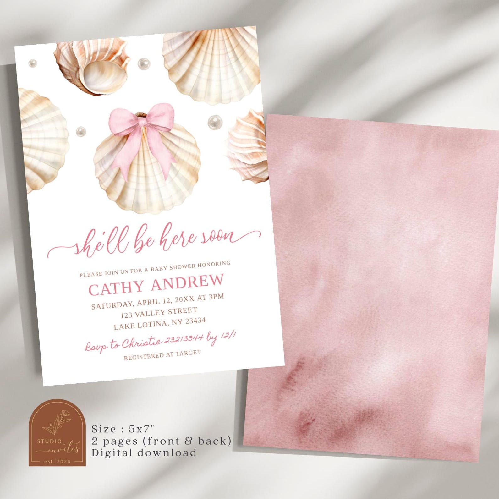 She'll Be Here Soon Sea Shell Baby Shower Invitation, Pink Bow and ...