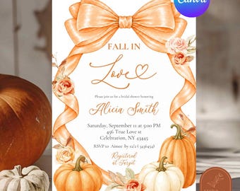 Invitation pour une fête prénuptiale sur le thème de l'amour, modèle Canva modifiable C83 avec nœud papillon orange, thème automnal et floral citrouille