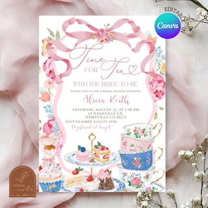 Può includere: Un invito per un addio al nubilato con il testo "Time for Tea" e i dettagli per la festa di Alicia Keith. Il design include nastri rosa, fiori, tazze da tè e dessert. L'invito è modificabile in Canva.