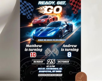 Red and Blue Race Car Joint Birthday Invitation, Fast Racing Car Kids Double Birthday, Start Your Engine Cars Sibling Birthday Party AC39