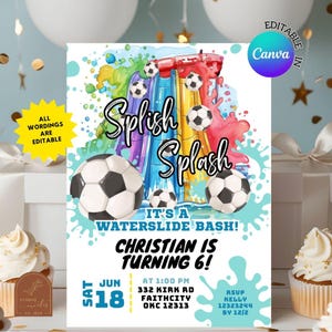 May include: A colorful invitation for a water slide party with a soccer theme. The invitation features a cartoon water slide with soccer balls and the text "Splish Splash It's a Waterslide Bash! Christian is turning 6!"  The invitation also includes the date, time, and location of the party.