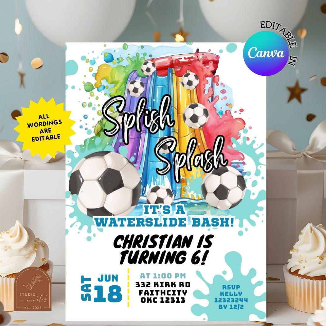 Soccer Ball Waterslide Pool Party Birthday Invitation, Summer Splish Splash Pool Party Birthday Invitation, Canva Editable Template, C133