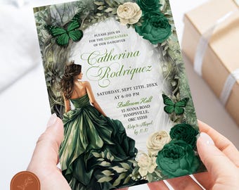 Emerald Green Whimsical Forest Princess Quinceañera Invitation, Magical Garden Quince Invites, Butterfly Enchanted Mis Quince XV Invite A14