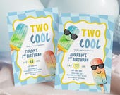 Blue Two Cool Popsicle Summer Boy Birthday Invitation, Summer Ice Cream Boy Birthday Invite, Canva Blue Groovy Kids Birthday Invitation C44