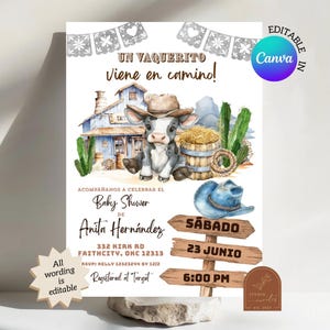 May include: Baby shower invitation with a watercolor illustration of a calf wearing a cowboy hat. The invitation includes text in Spanish, a blue cowboy hat, and wooden signs with the date and time.