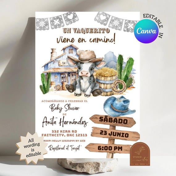 Spanish Mexican Wild West Cowboy Baby Shower Invitation, Un Vaquerito Viene en Camino Baby Shower Invite, Canva editable Baby Shower C137