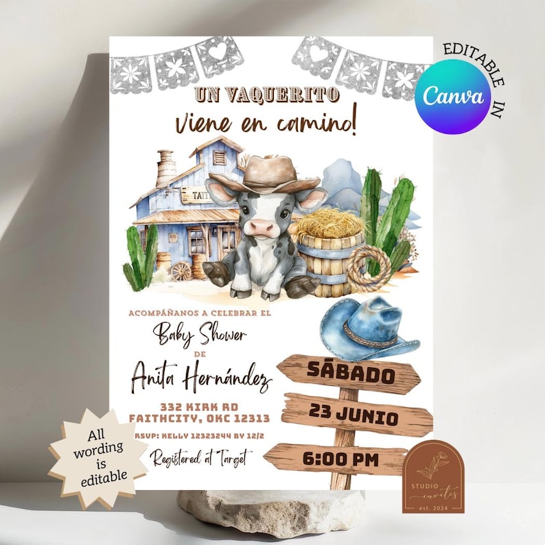 May include: Baby shower invitation with a watercolor illustration of a calf wearing a cowboy hat. The invitation includes text in Spanish, a blue cowboy hat, and wooden signs with the date and time.
