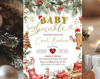 May include: A rectangular invitation card featuring a watercolour Christmas theme with pine branches, pinecones, and poinsettias. Text reads Baby Sprinkle, Carol Earlene, December 28, 11.30-1.30, 443 Hartwick Rd, NY 3225, RSVP to Abigail by 11.15, Registered at Baby R Us.