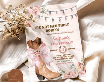 Western rosa nicht ihre erste Rodeo Einladung, rustikale Holzstiefel und Bogen Baby besprühen laden ein, Land Western Cowgirl Babyparty laden ein C14