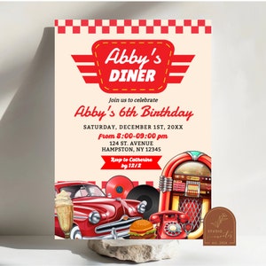 Vintage Red Car Diner Kids Birthday Party Invitation,  1950s Diner Retro Party Invitation, 50s Midcentury American Sock Hop Diner Party R3