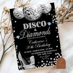Disco und Diamanten-Geburtstagsparty für Erwachsene, High Heels Disco Woman Geburtstag einladen, Luxus-Stiletto Disco-Tanz und Perlen-Geburtstagsfeier C85