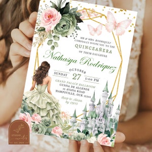 Fairytale Castle Pink Sage Green Princess Quinceañera Invitation, Blush Pink Floral Sweet 16th Mexican Girl, Butterflies Mis Quince Anos A6