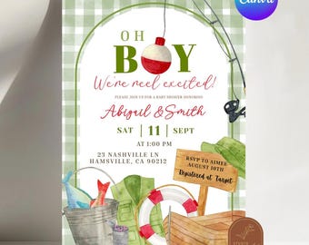 Green Gingham Boy Fishing Baby Shower Invitation, Oh Boy Fishing Theme Baby Shower Invite, Canva Editable Fisherman Baby Shower C173