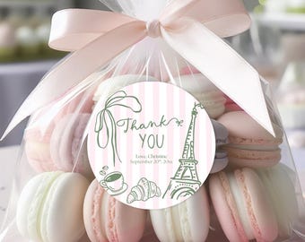 Étiquette de remerciement modifiable sur le thème de Paris, dessinée à la main (Canva), étiquette cadeau d'anniversaire café parisien, autocollant rond à rayures roses et tour Eiffel (C249)
