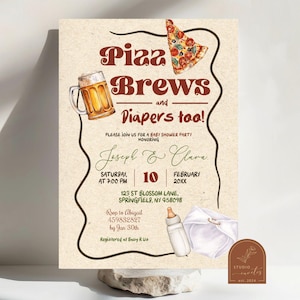 Pizza Brews and Diapers Too Co-Ed Baby Shower Invitation, Pizza and Pacifier Oh Baby Shower Invite, Slice of Pizza and Beer Baby Shower AC26