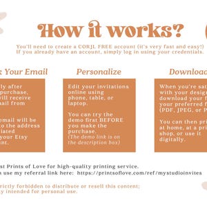 Op de afbeelding: Een handleiding voor het gebruik van Corjl om digitale uitnodigingen te personaliseren en te downloaden. De handleiding bevat instructies voor het controleren van uw e-mail, het personaliseren van uw uitnodigingen en het downloaden van uw bestanden in PDF-, JPEG- of PNG-formaat. De handleiding bevat ook een suggestie om Prints of Love te gebruiken voor hoogwaardige afdrukken.