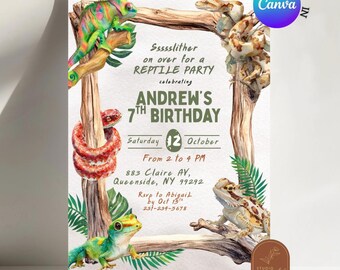 May include: A reptile-themed birthday party invitation featuring watercolor illustrations of a chameleon, snake, gecko, and lizard. The invitation includes the text "Ssssslither on over for a REPTILE PARTY" and details for Andrew's 7th birthday.
