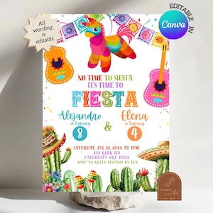 Faire-part d'anniversaire Fiesta commun entre frères et sœurs, l'heure de la sieste, invitation d'anniversaire pour enfants modifiable sur toile AC21
