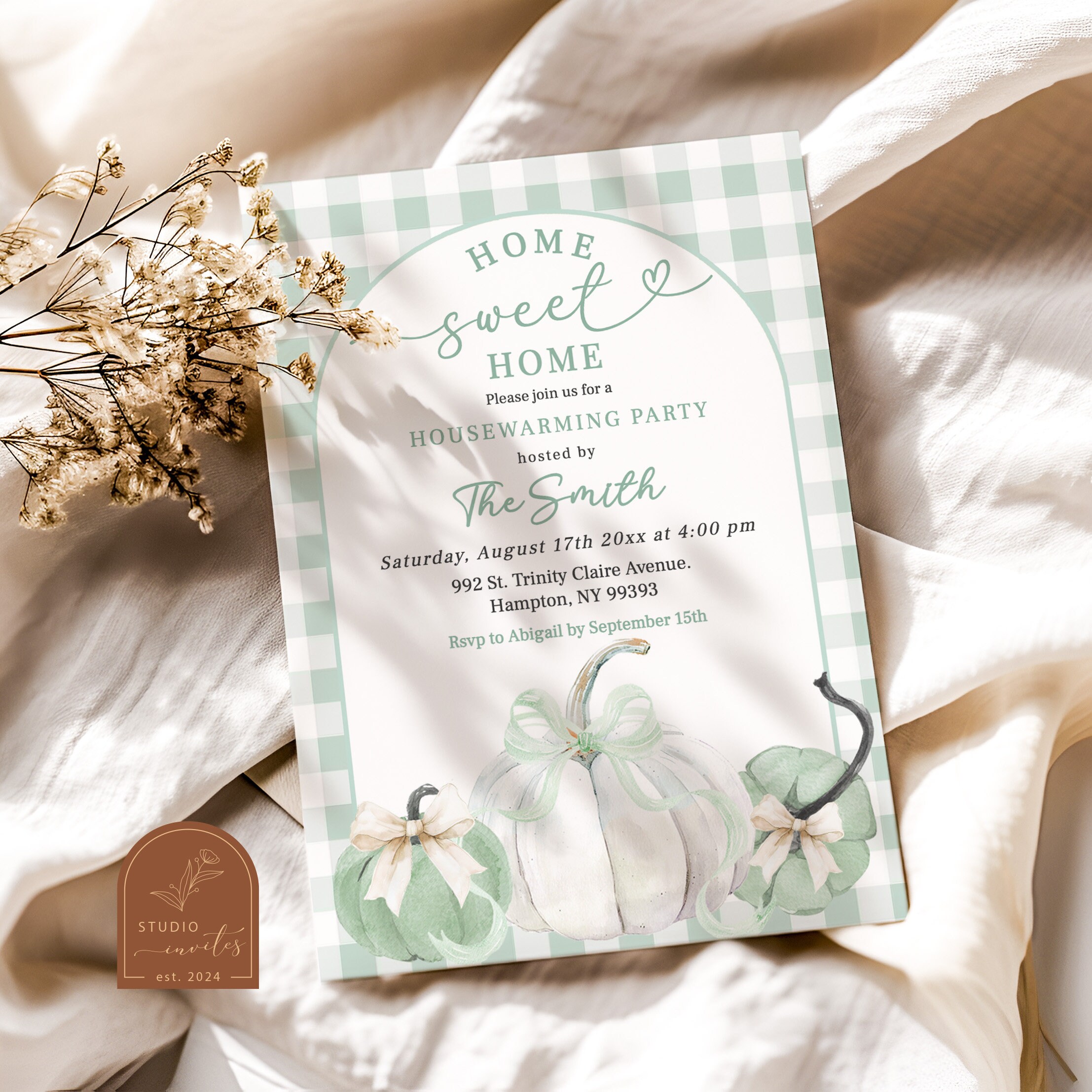 Plaid Sage Green Preppy Pumpkin Housewarming Party Invitation, Fall ...