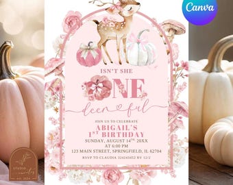 May include: A pink birthday invitation card featuring a watercolour fawn, pumpkins, and floral accents. Text reads: ISN'T SHE ONE-DEER-FUL, ABIGAIL'S 1ST BIRTHDAY, SUNDAY, AUGUST 14TH, 20XX, 123 MAIN STREET, SPRINGFIELD, IL 62704, RSVP TO CLAUDIA 324243452 BY 12/2.