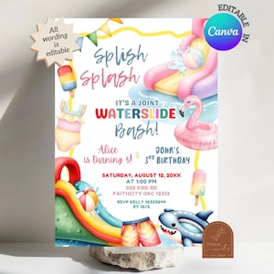 Può includere: Un colorato invito per una festa di compleanno acquatica congiunta. Il design presenta uno scivolo d'acqua, un galleggiante a forma di fenicottero e uno squalo. Il testo recita "Splish Splash" e "It's a Joint Waterslide Bash!" con i nomi Alice e John.