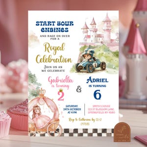 Prinzessin und Racing Einladung, Prinzessin und Cars Geschwister-Geburtstagsfeier, Cars und Tiaras