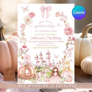 May include: A birthday invitation card featuring a pink bow, floral wreath, castle, pumpkin carriage, horse, and a princess illustration. Text reads: Our little princess is turning one! Catherine's 1st Birthday, Saturday, September 12, at 1:00 PM.
