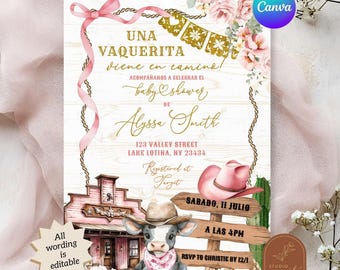 Mexican Spanish Girl Little Cowgirl Baby Shower Invitation, Floral Pink Bow Coquette Baby Shower Invite, Canva Editable Baby Shower C137
