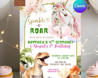 Dinosaur and Rainbow Pastel Unicorn Joint Birthday Invitation, Sparkle and Roar Birthday Invite, Canva Editable Kids Birthday Party C48