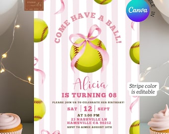 Invitación de cumpleaños para niña con pelota de softbol, invitación de cumpleaños para niña con pelota, tema deportivo editable de Canva para cumpleaños infantil C173